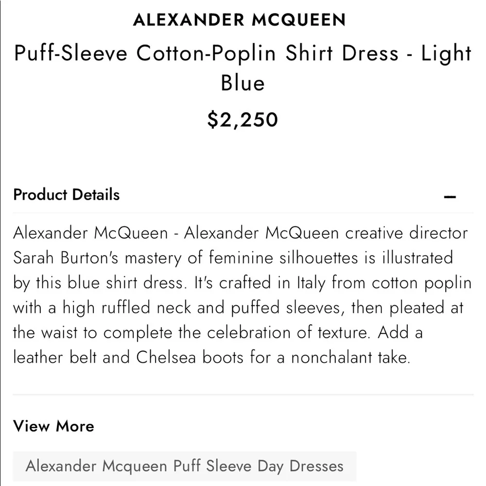 ALEXANDER MCQUEEN 
Puff-Sleeve Cotton-Poplin Shirt Dress size 8 - Picture 5 of 10